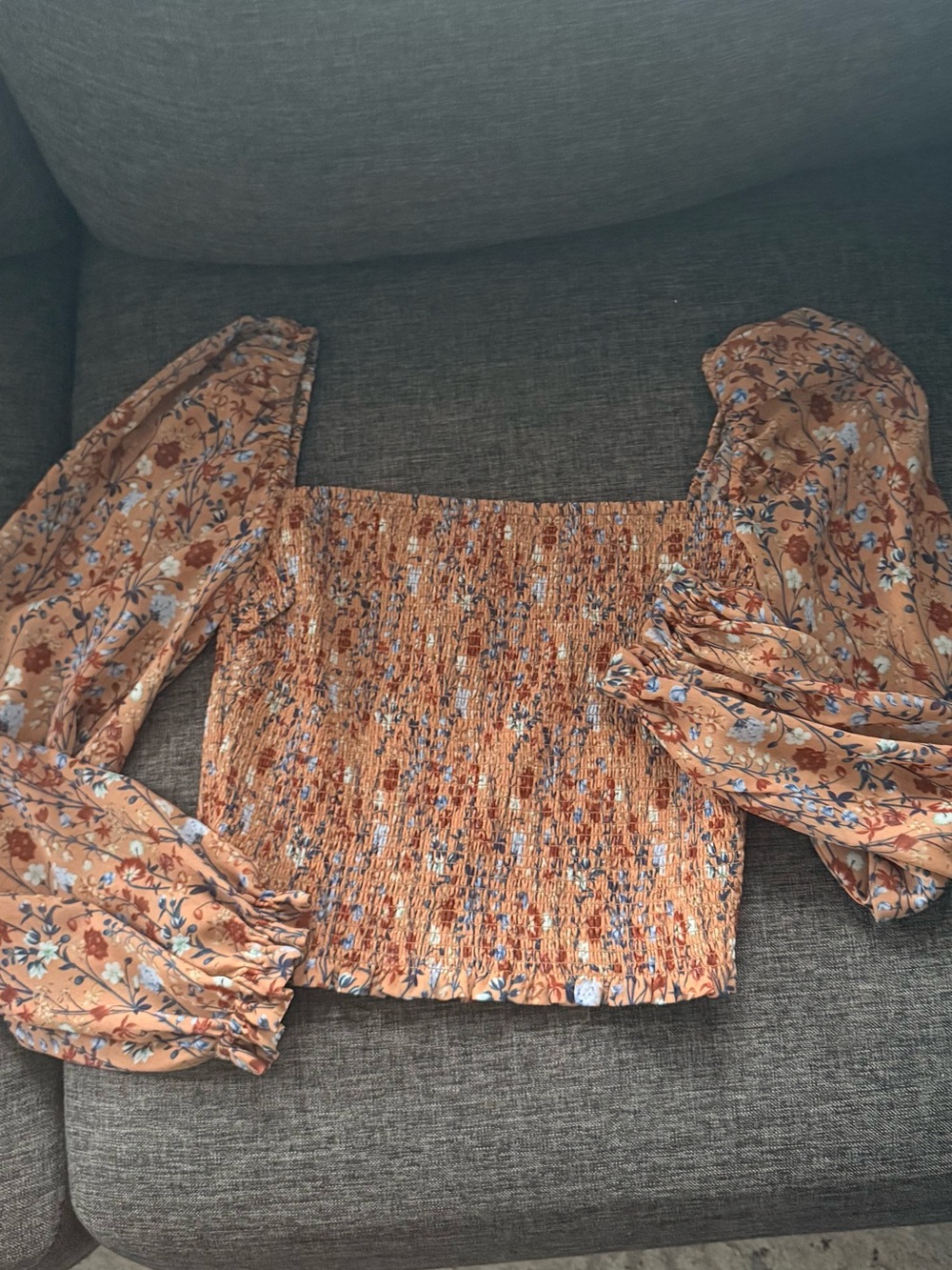 Wilfred Rust Floral Smocked Square-Neck Puff Sleeve Crop Top